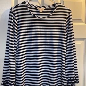 Brook Brothers white with black stripes and eyelet bell  sleeves blouse size L